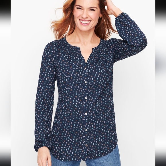 Talbots Navy and White Patterned Blouse - Picture 1 of 4